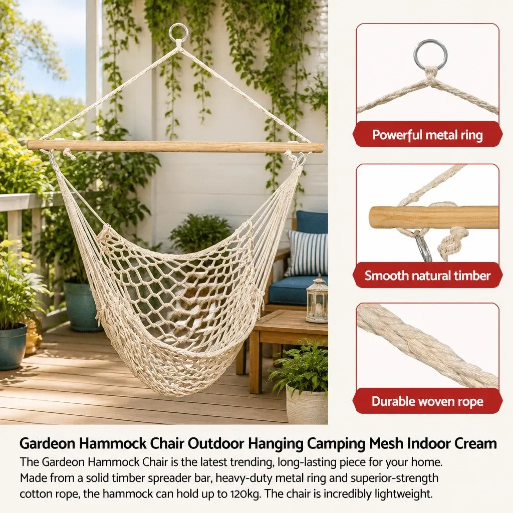 Hammock Chair Indoor Outdoor Relaxation Seat Cream 99.5 x 114cm