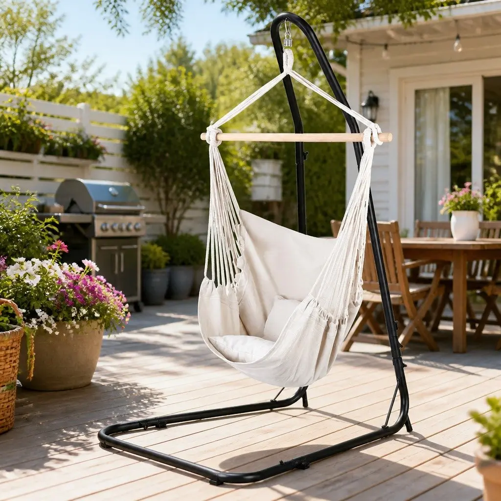 Hammock Chair Indoor Outdoor with Steel Stand A-Frame Adjustable Height Padded Seating