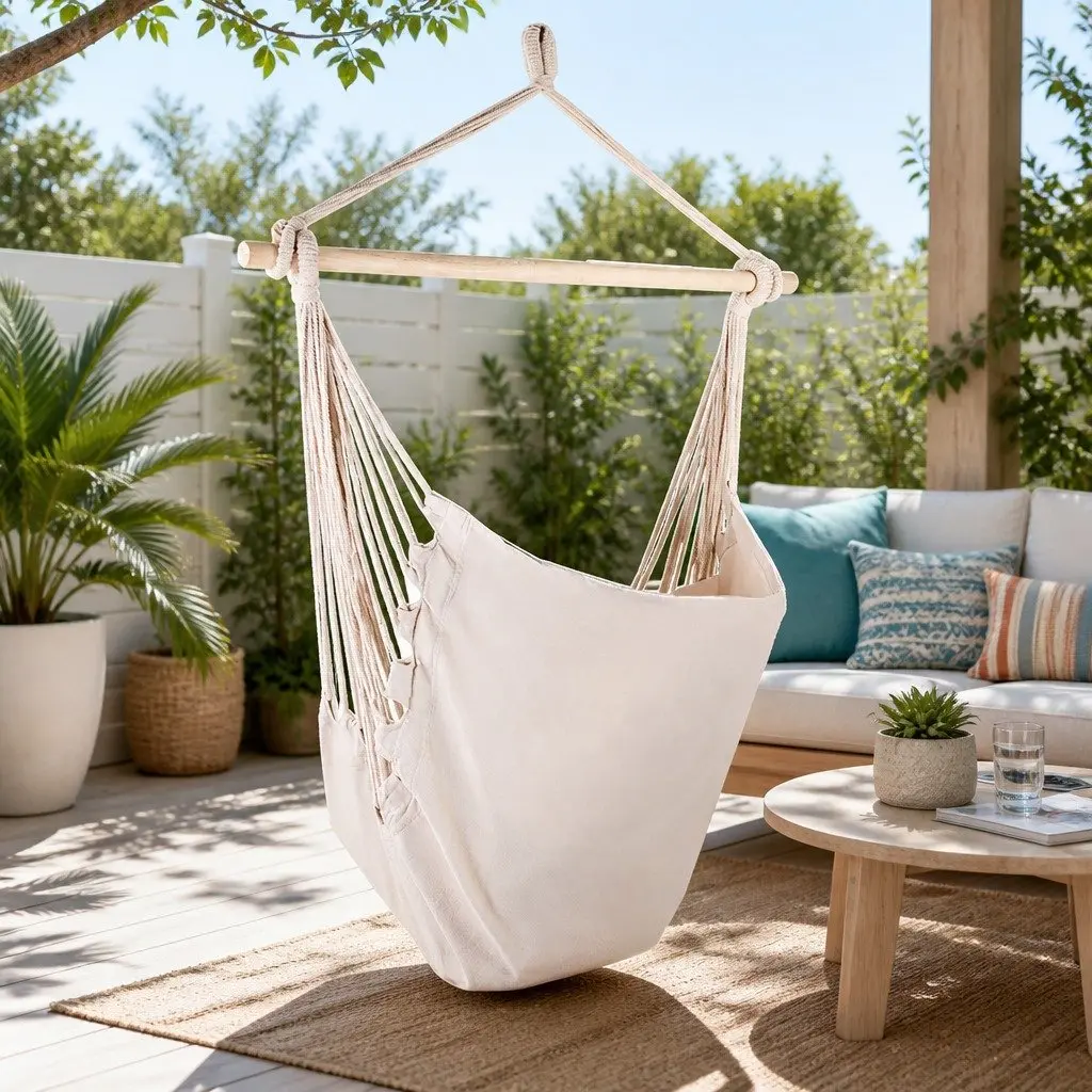 Hammock Chair Outdoor Hanging with Cushions Cream Patio Garden Relaxation Seat