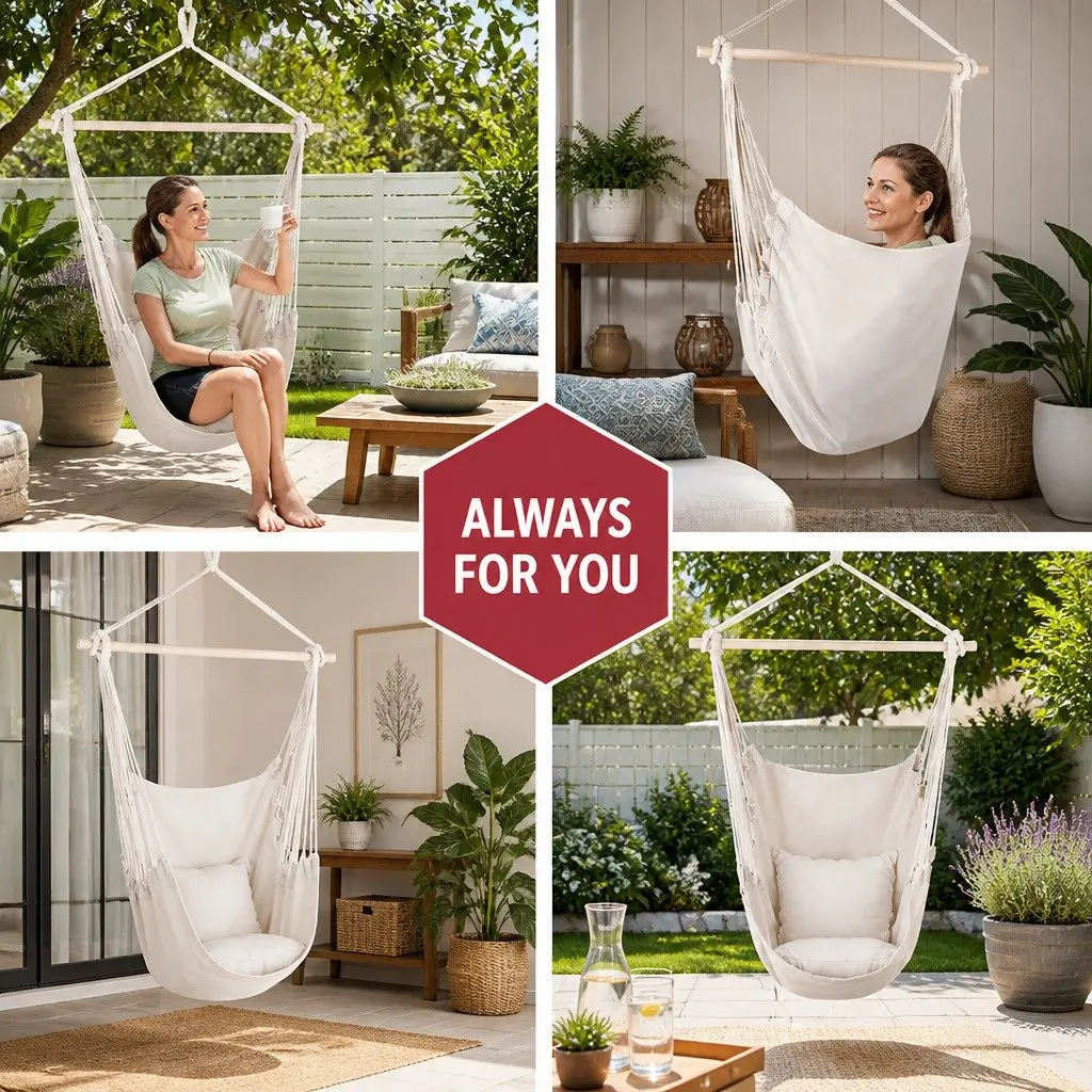 Hammock Chair Outdoor Hanging with Cushions Cream Patio Garden Relaxation Seat