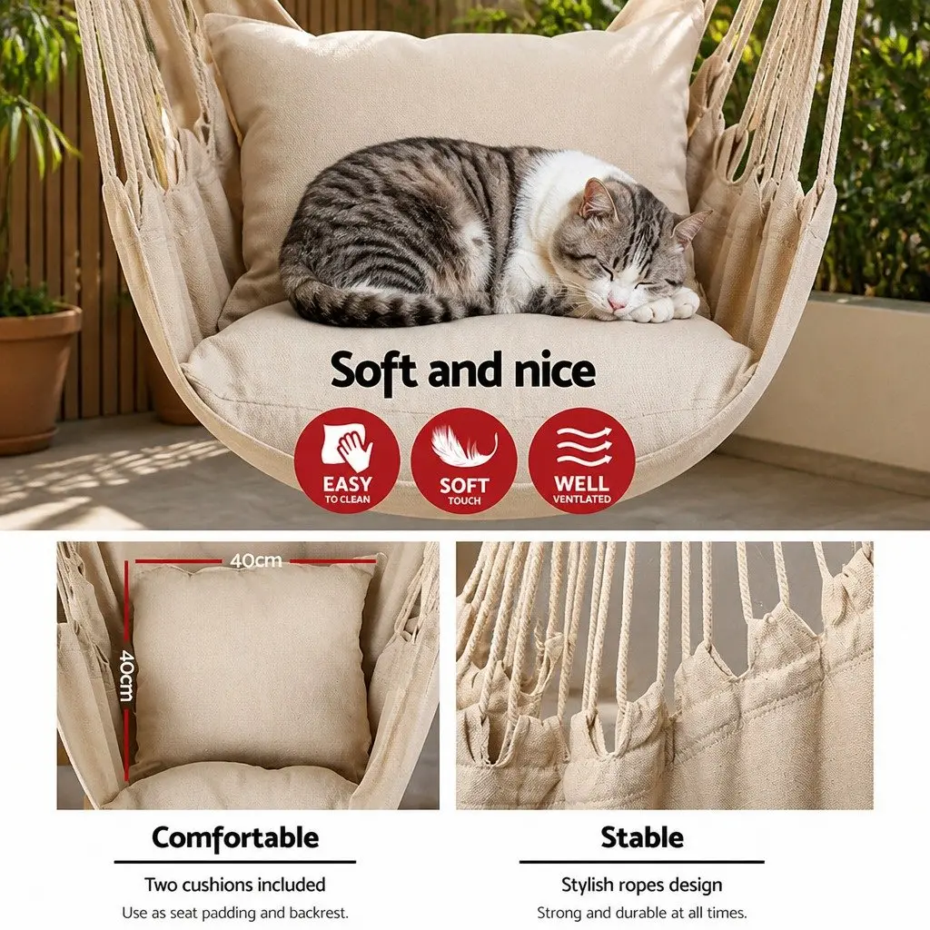 Hammock Chair Outdoor Hanging with Cushions Cream Patio Garden Relaxation Seat