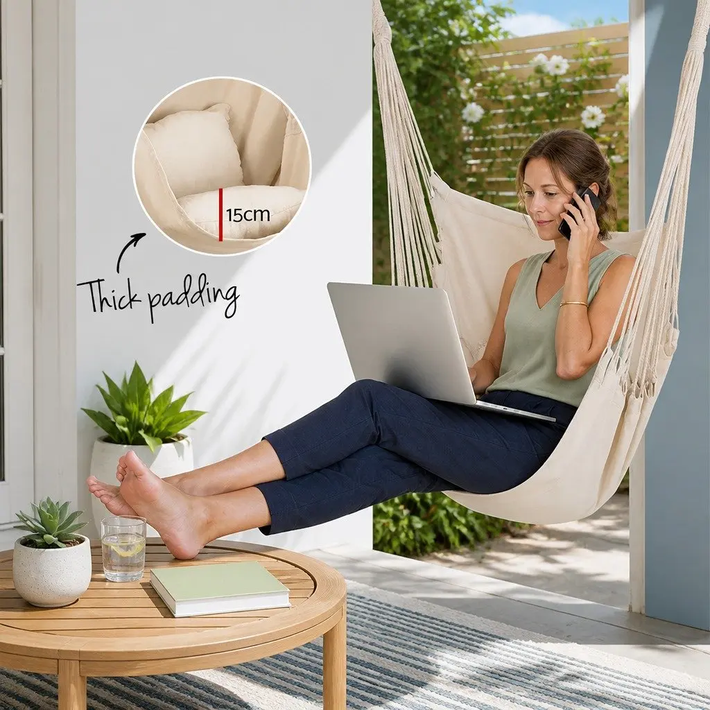 Hammock Chair Outdoor Hanging with Cushions Cream Patio Garden Relaxation Seat