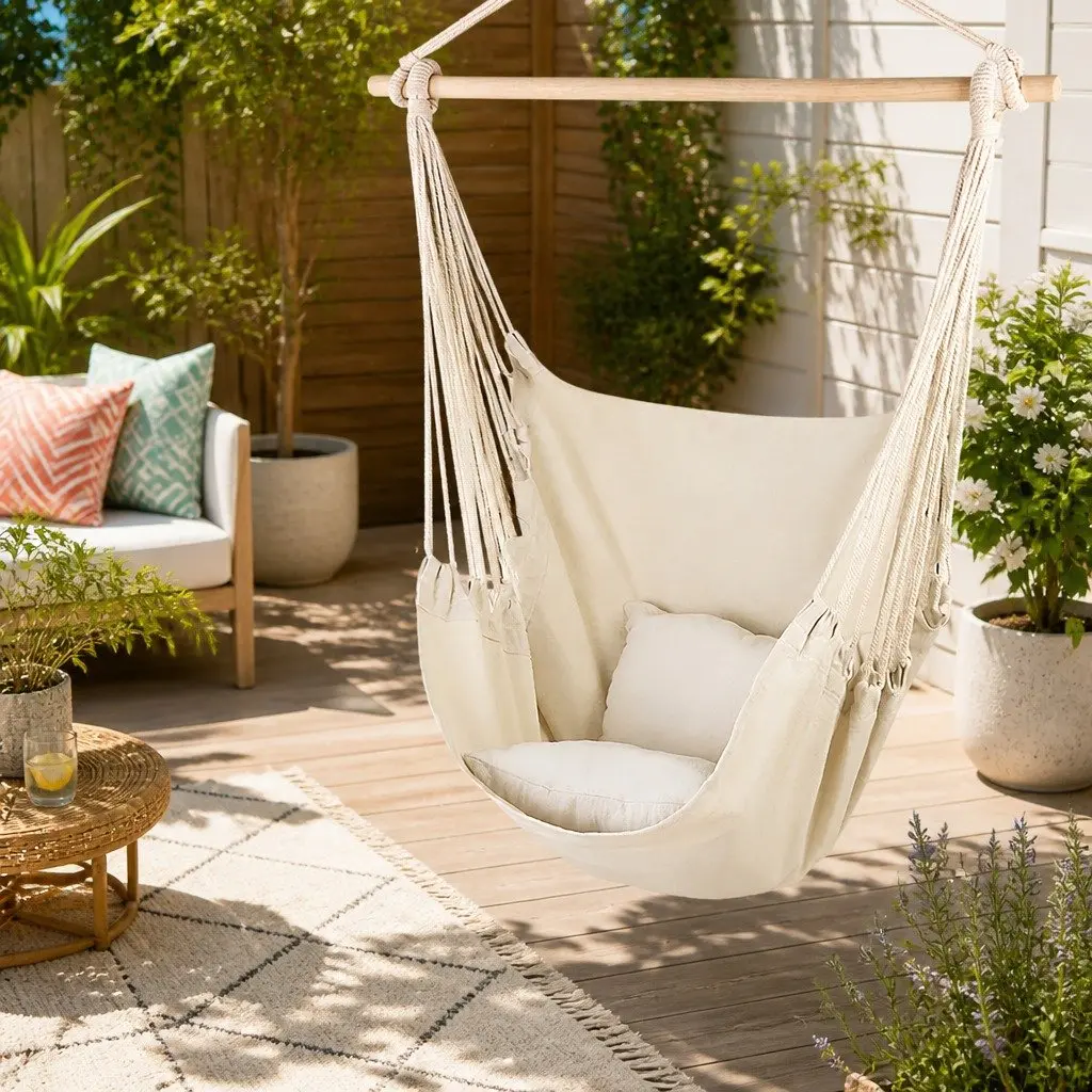 Hammock Chair Outdoor Hanging with Cushions Cream Patio Garden Relaxation Seat