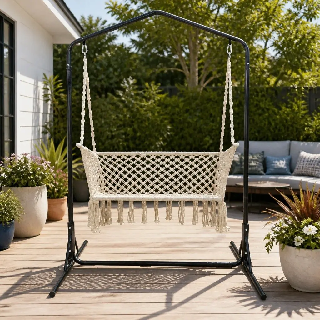 Hammock Chair with Stand Outdoor Garden Relaxation 2 Seater Cream