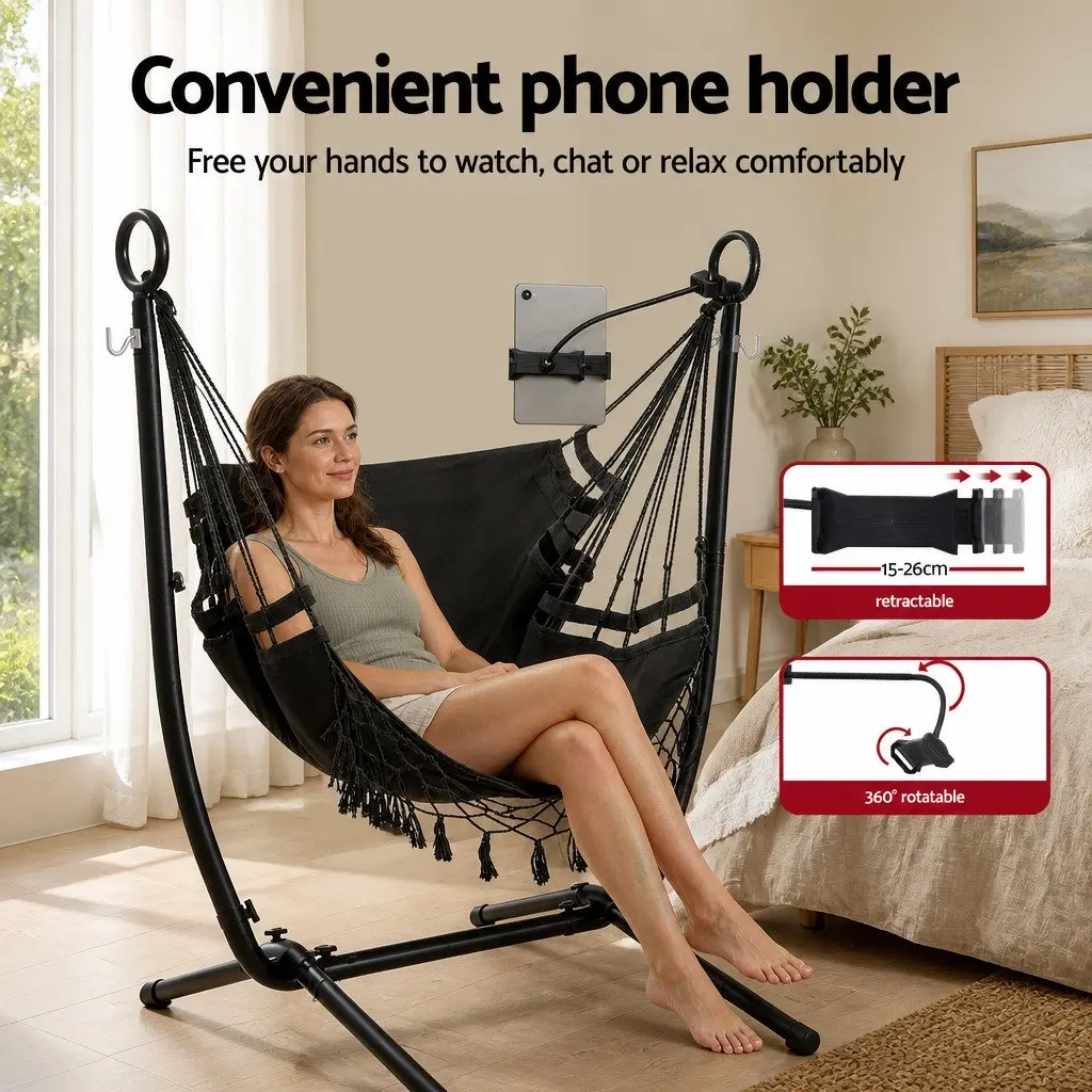 Hammock Chair Stand Iron Frame with Phone Holder for Outdoor Indoor Black