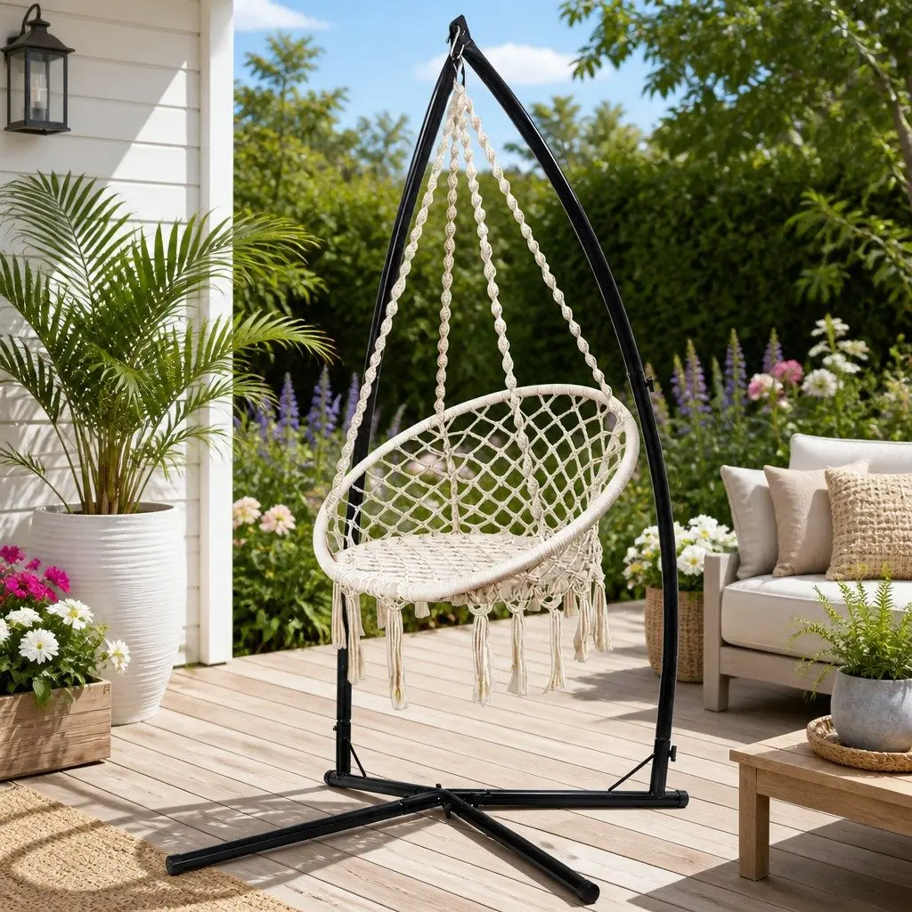 Hammock Chair with Steel Stand Macrame Cream Outdoor Swinging Relaxation Seat