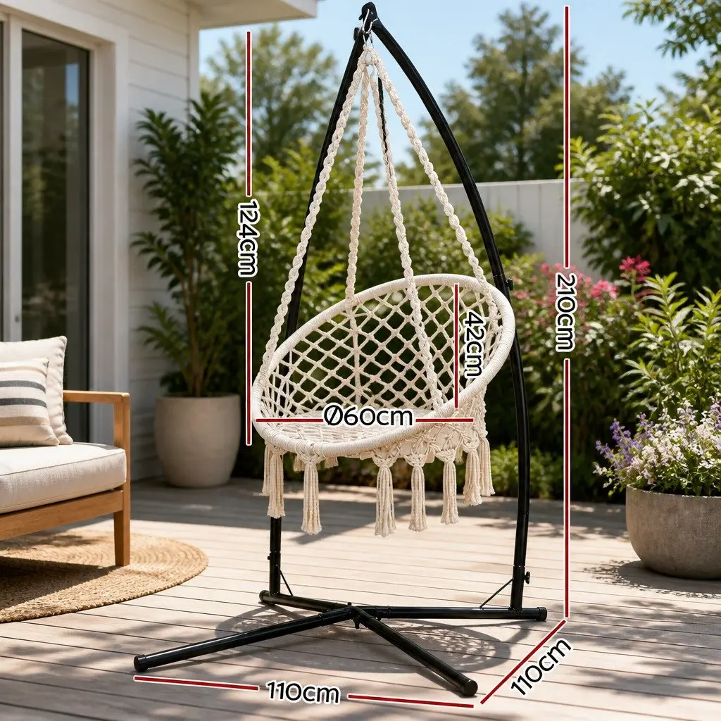 Hammock Chair with Steel Stand Macrame Cream Outdoor Swinging Relaxation Seat