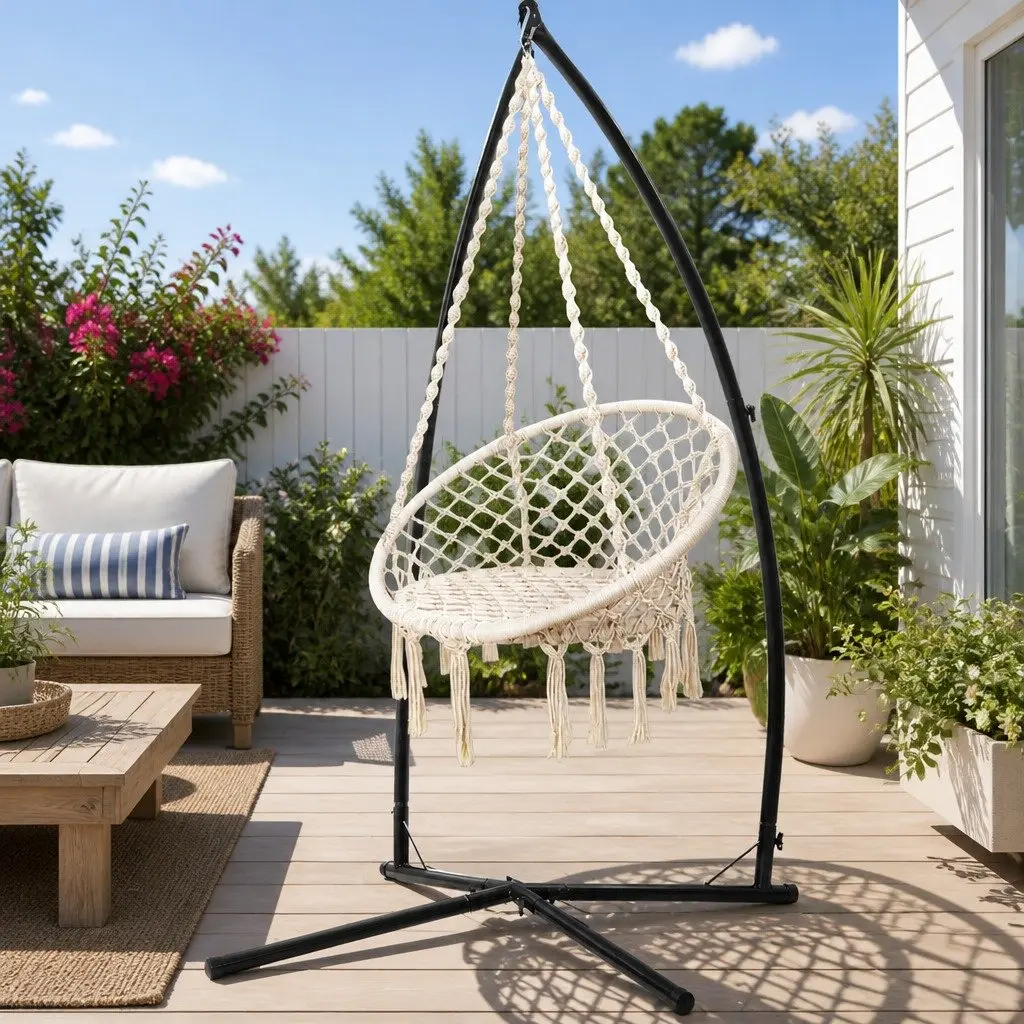 Hammock Chair with Steel Stand Macrame Cream Outdoor Swinging Relaxation Seat
