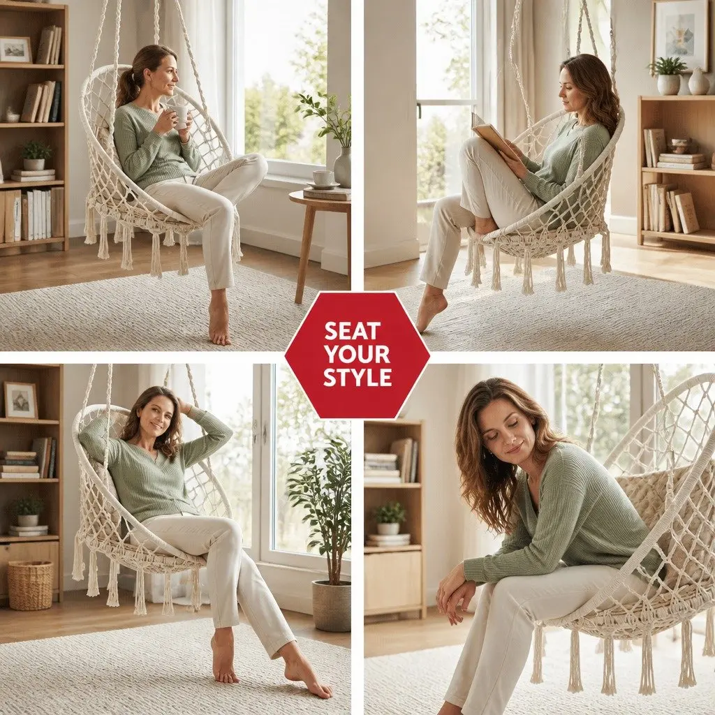 Hammock Chair Outdoor Hanging Macrame Cotton Indoor Relaxation Swing Cream