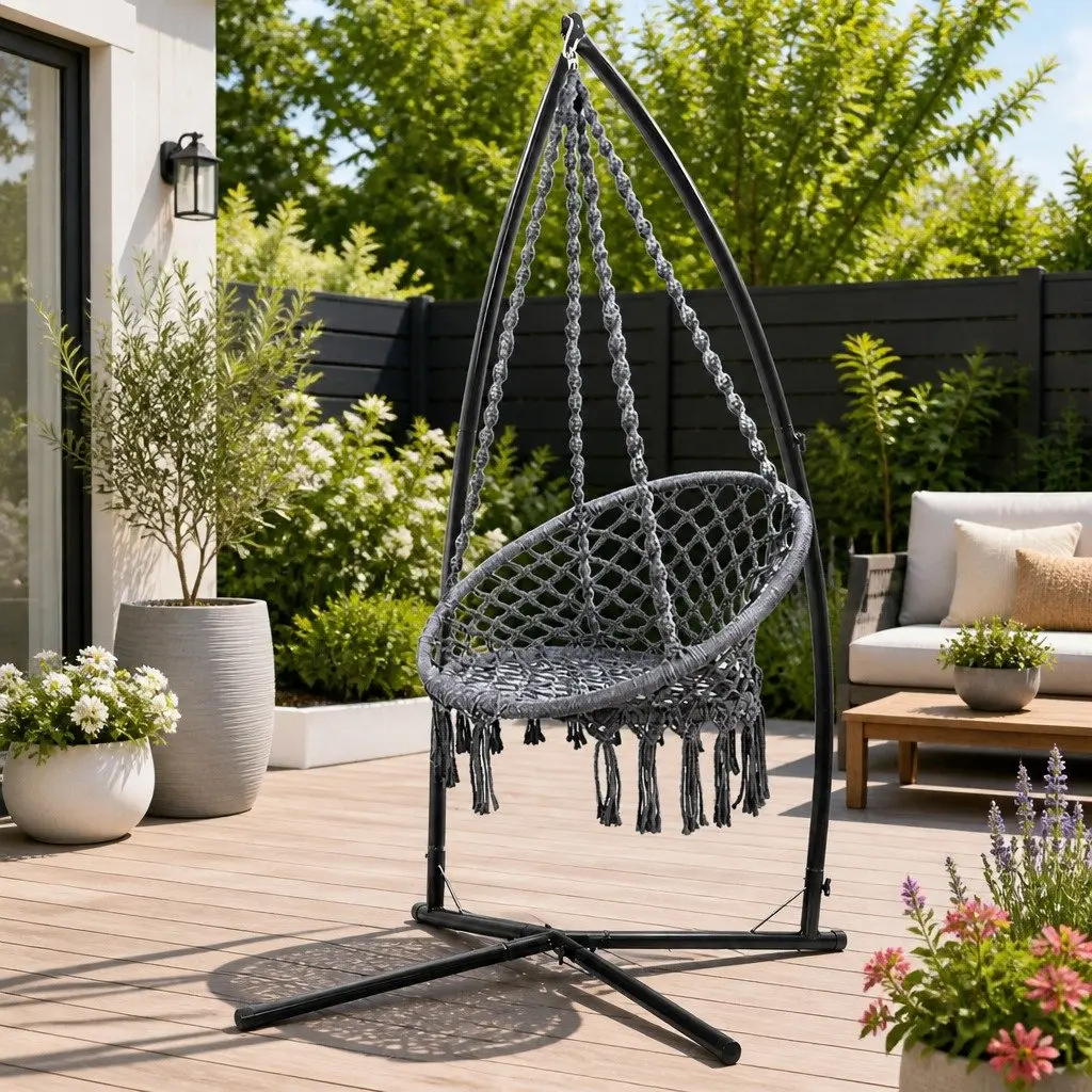 Hammock Chair with Steel Stand Macrame Outdoor Swinging Relaxation Furniture
