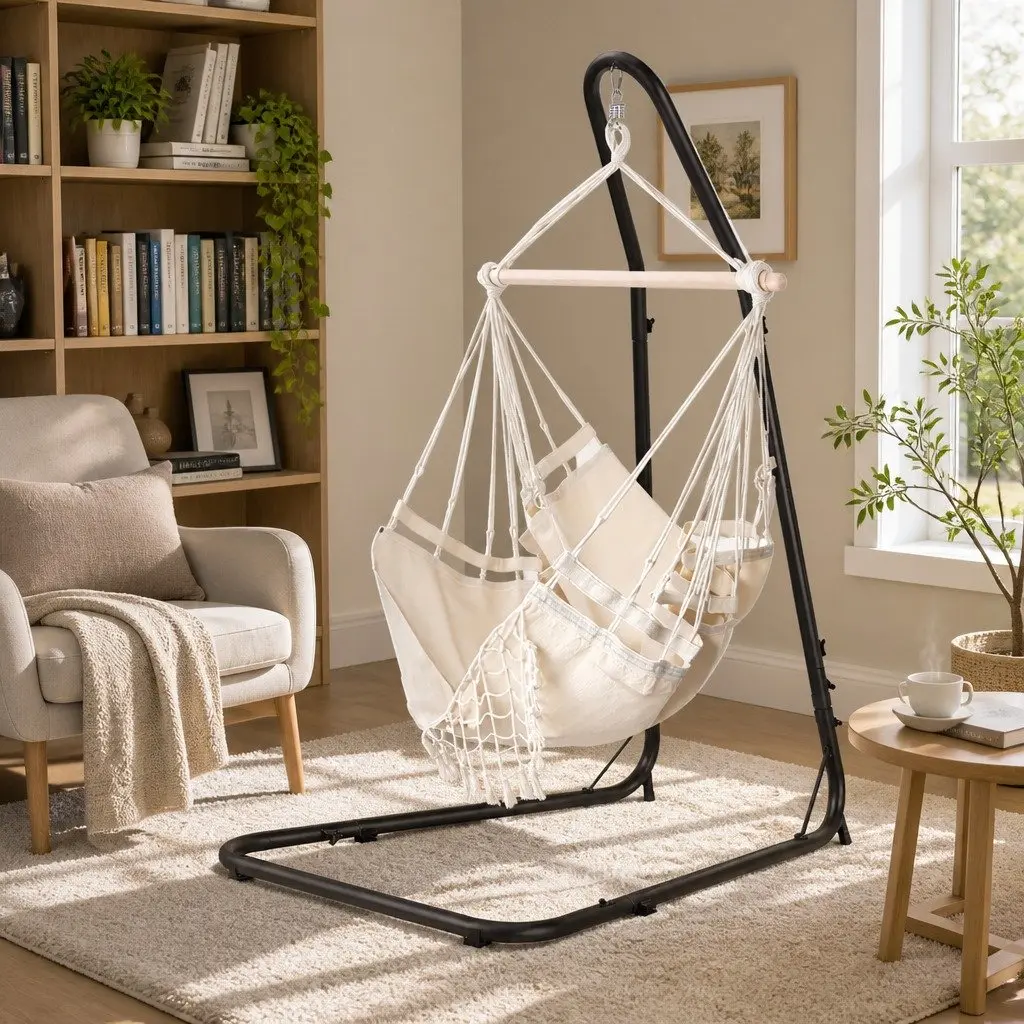 Hammock Hanging Chair Indoor Outdoor Relaxation Swing Seat with Steel Stand 96cm x 150cm