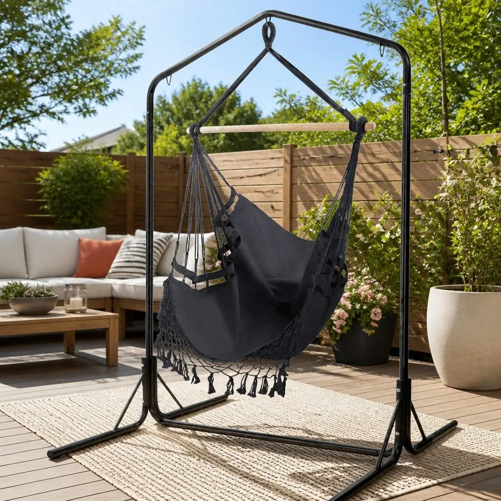 Outdoor Hammock Chair with Stand Grey Hanging Rope Tassel Relaxation Furniture