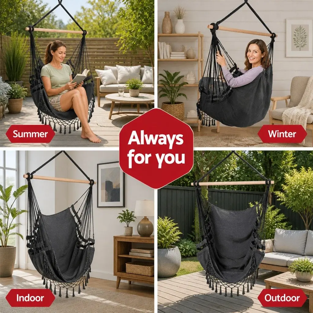 Hanging Hammock Chair Outdoor Swing Relaxation Patio Garden Seat Grey Tassel