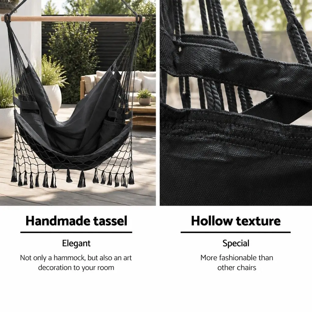 Hanging Hammock Chair Outdoor Swing Relaxation Patio Garden Seat Grey Tassel