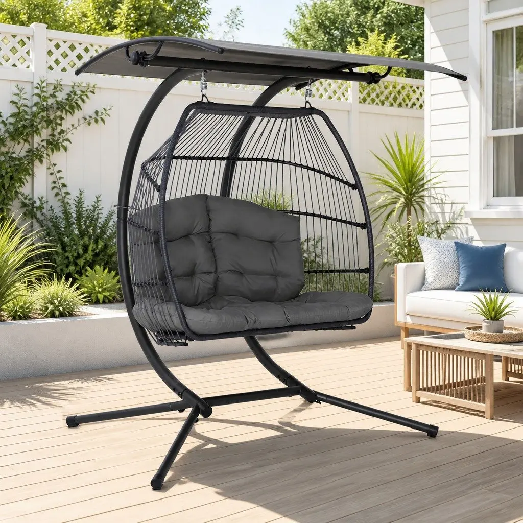 Outdoor Egg Swing Chair 2 Seater Pod Grey Wicker Furniture with Canopy