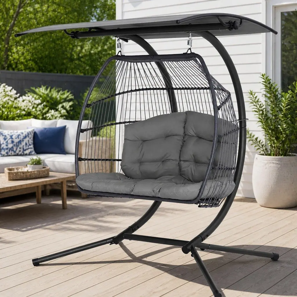Outdoor Egg Swing Chair 2 Seater Pod Grey Wicker Furniture with Canopy