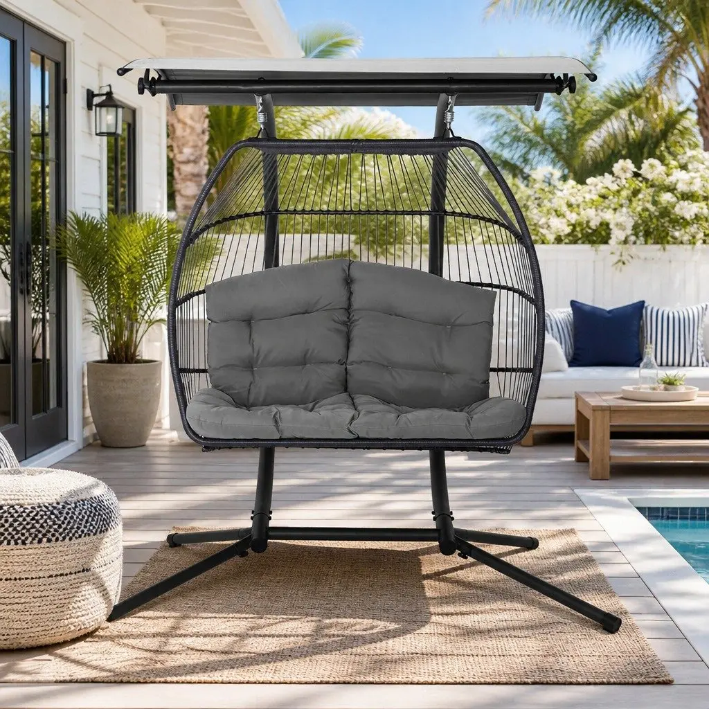 Outdoor Egg Swing Chair 2 Seater Pod Grey Wicker Furniture with Canopy