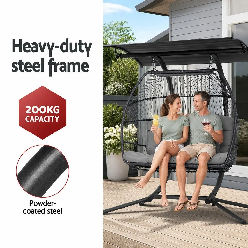Outdoor Egg Swing Chair 2 Seater Pod Grey Wicker Furniture with Canopy