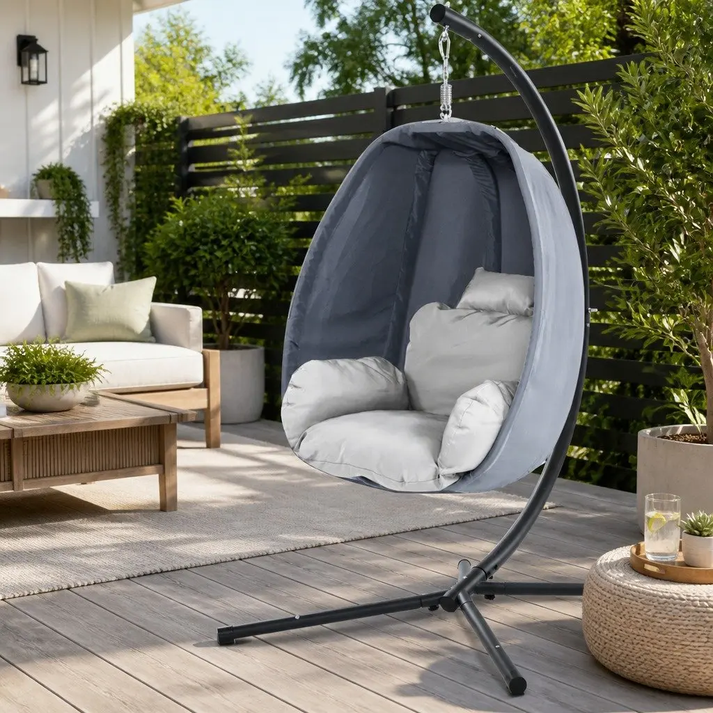 Hanging Egg Pod Chair Outdoor Patio Swing Grey 360 Degree Rotating Foldable Frame
