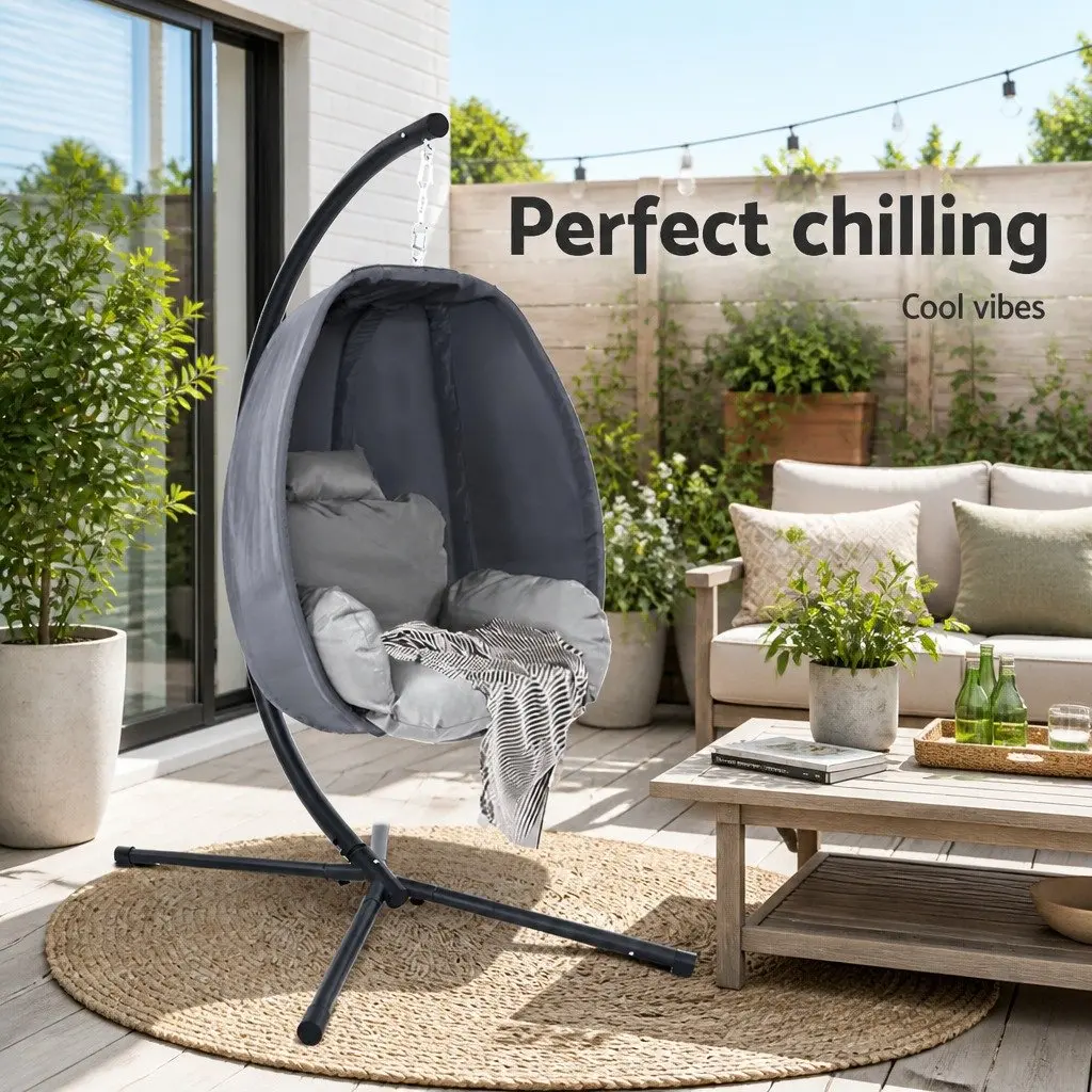 Hanging Egg Pod Chair Outdoor Patio Swing Grey 360 Degree Rotating Foldable Frame