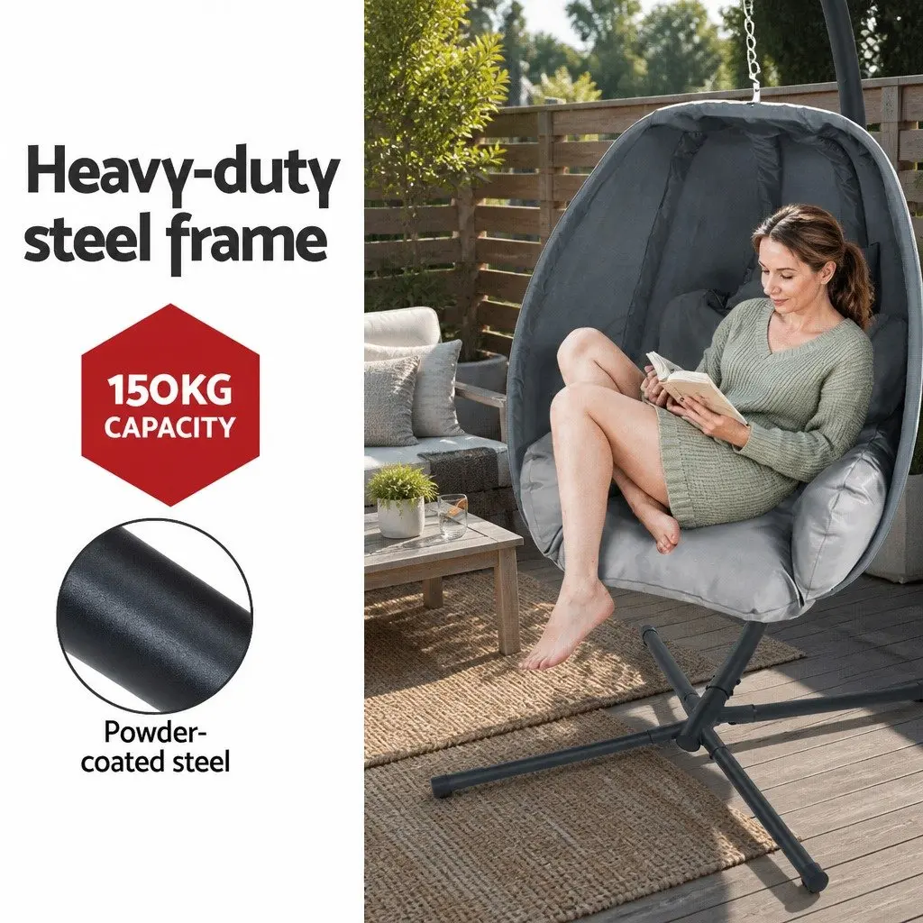 Hanging Egg Pod Chair Outdoor Patio Swing Grey 360 Degree Rotating Foldable Frame