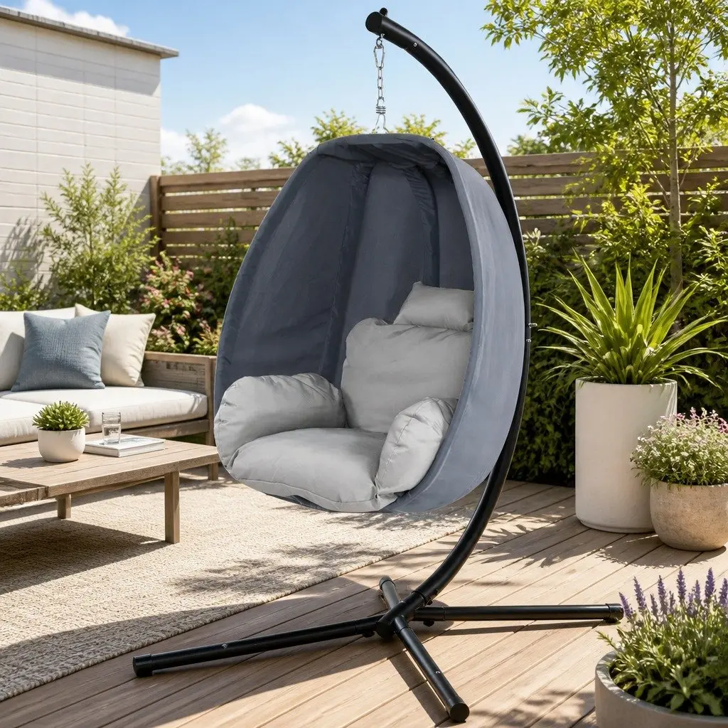 Hanging Egg Pod Chair Outdoor Patio Swing Grey 360 Degree Rotating Foldable Frame