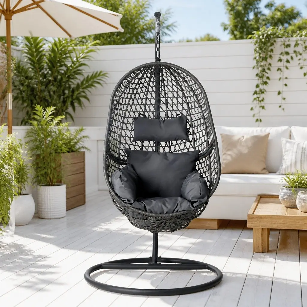 Outdoor Swing Chair with Stand for Patio and Backyard Black Cushion