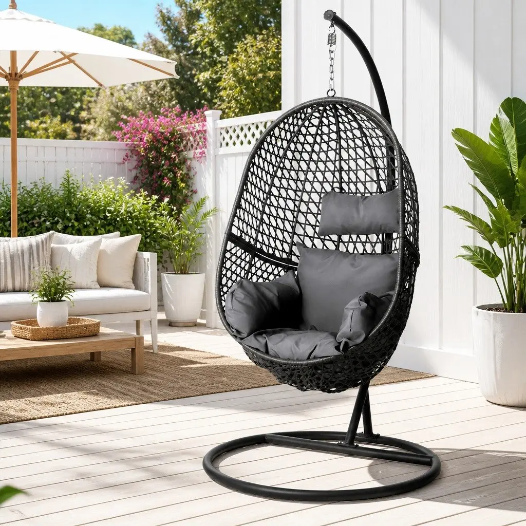 Outdoor Swing Chair with Stand for Patio and Backyard Black Cushion