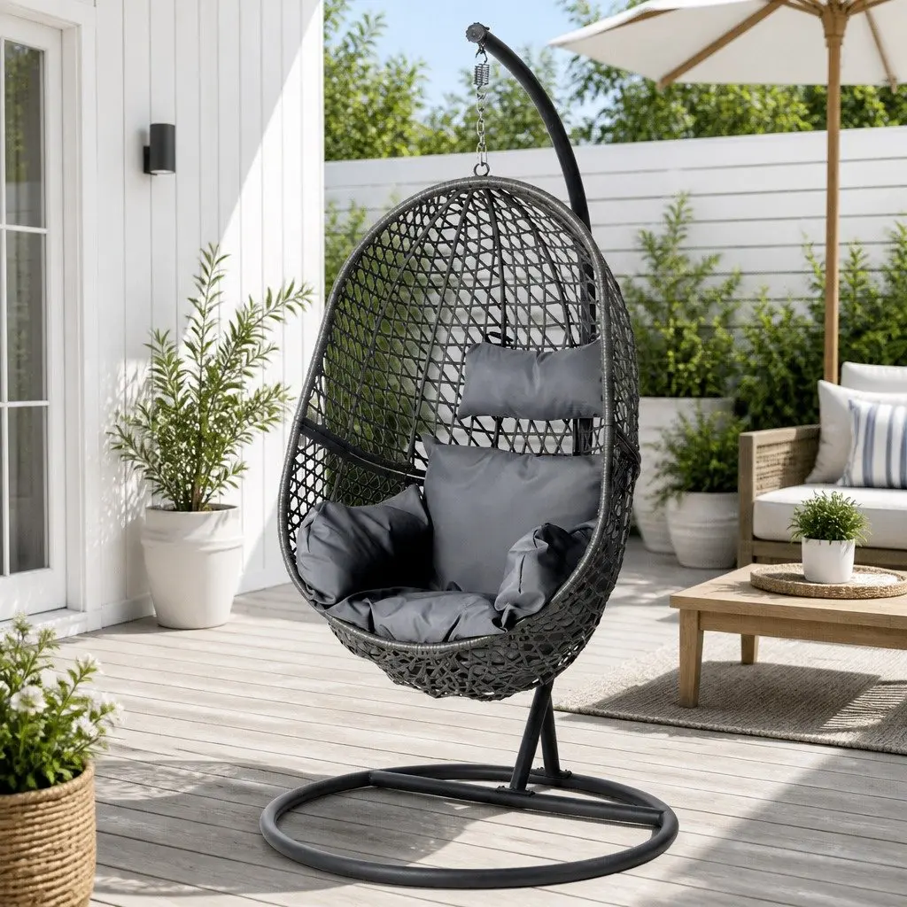 Outdoor Swing Chair with Stand for Patio and Backyard Black Cushion
