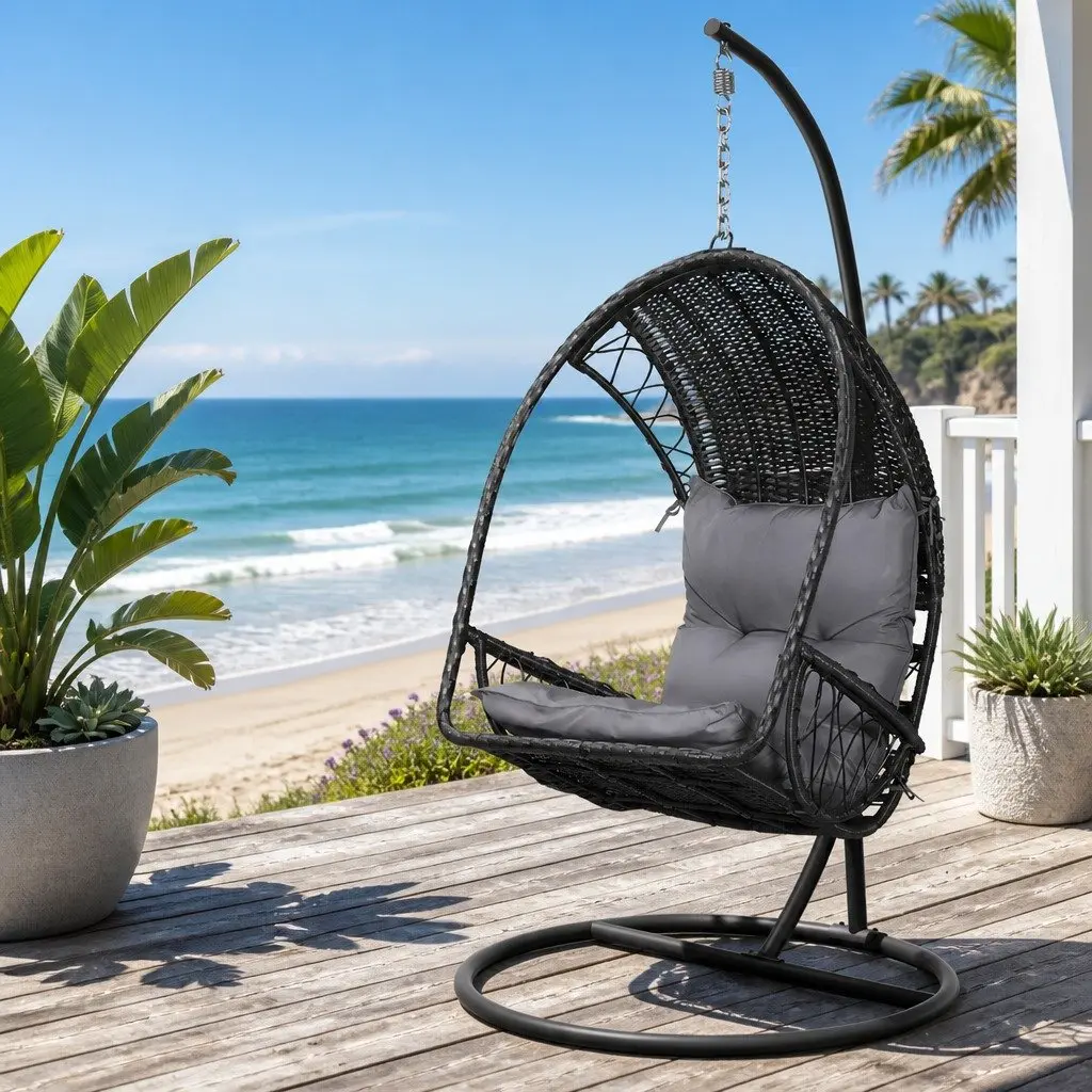 Hanging Egg Swing Chair with Stand Outdoor Wicker Pod Black