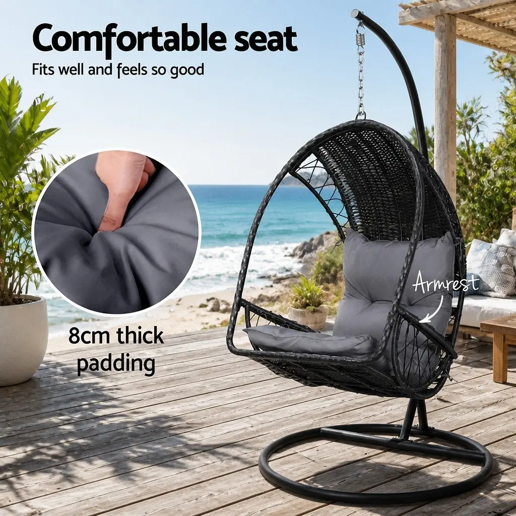 Hanging Egg Swing Chair with Stand Outdoor Wicker Pod Black