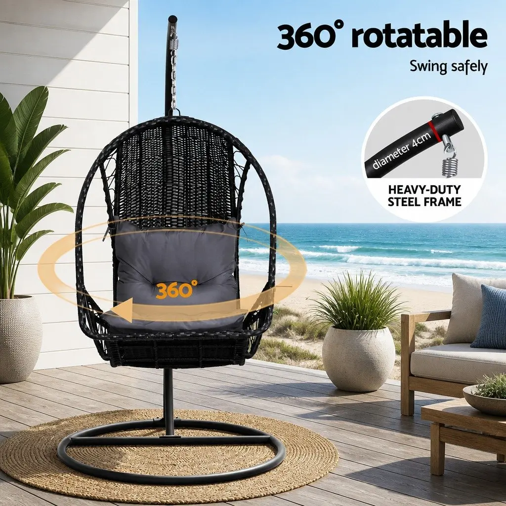 Hanging Egg Swing Chair with Stand Outdoor Wicker Pod Black