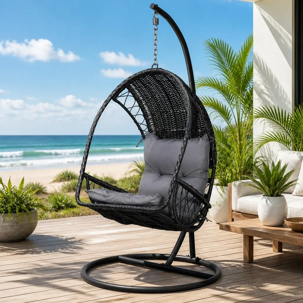 Hanging Egg Swing Chair with Stand Outdoor Wicker Pod Black