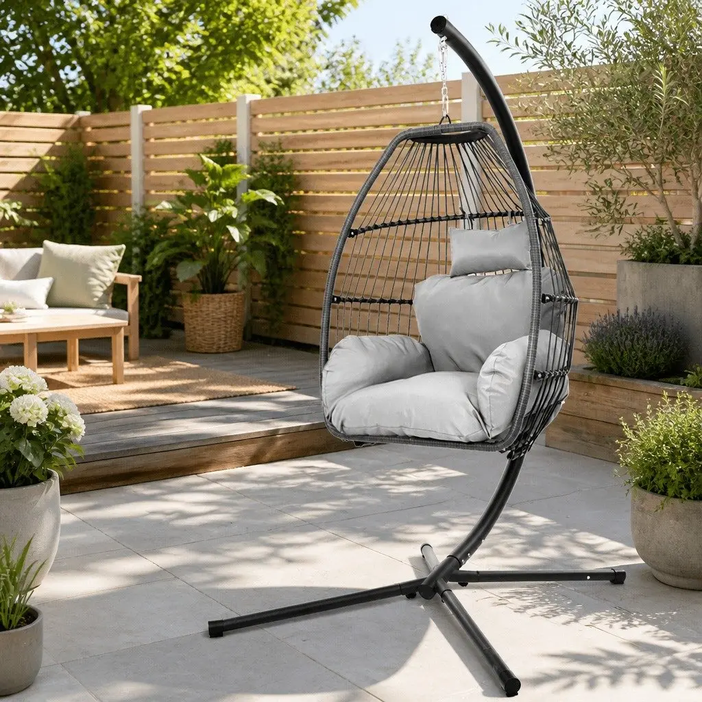 Hanging Egg Swing Chair Wicker Pod Stand Outdoor Furniture Cushion Grey
