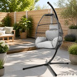 Hanging Egg Swing Chair Wicker Pod Stand Outdoor Furniture Cushion Grey