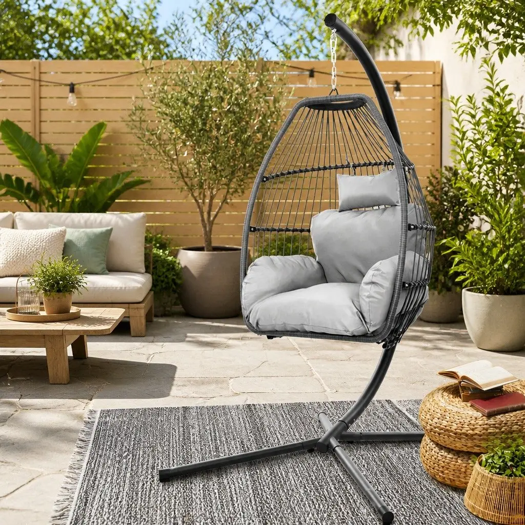 Hanging Egg Swing Chair Wicker Pod Stand Outdoor Furniture Cushion Grey