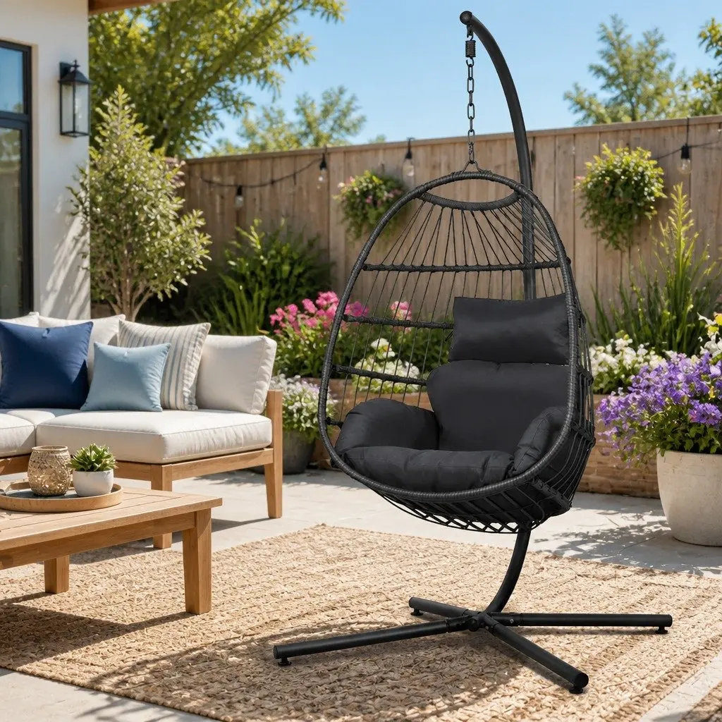 Hanging Egg Chair Outdoor Pod Swing Wicker Rope Stand Foldable Grey Patio Lounge