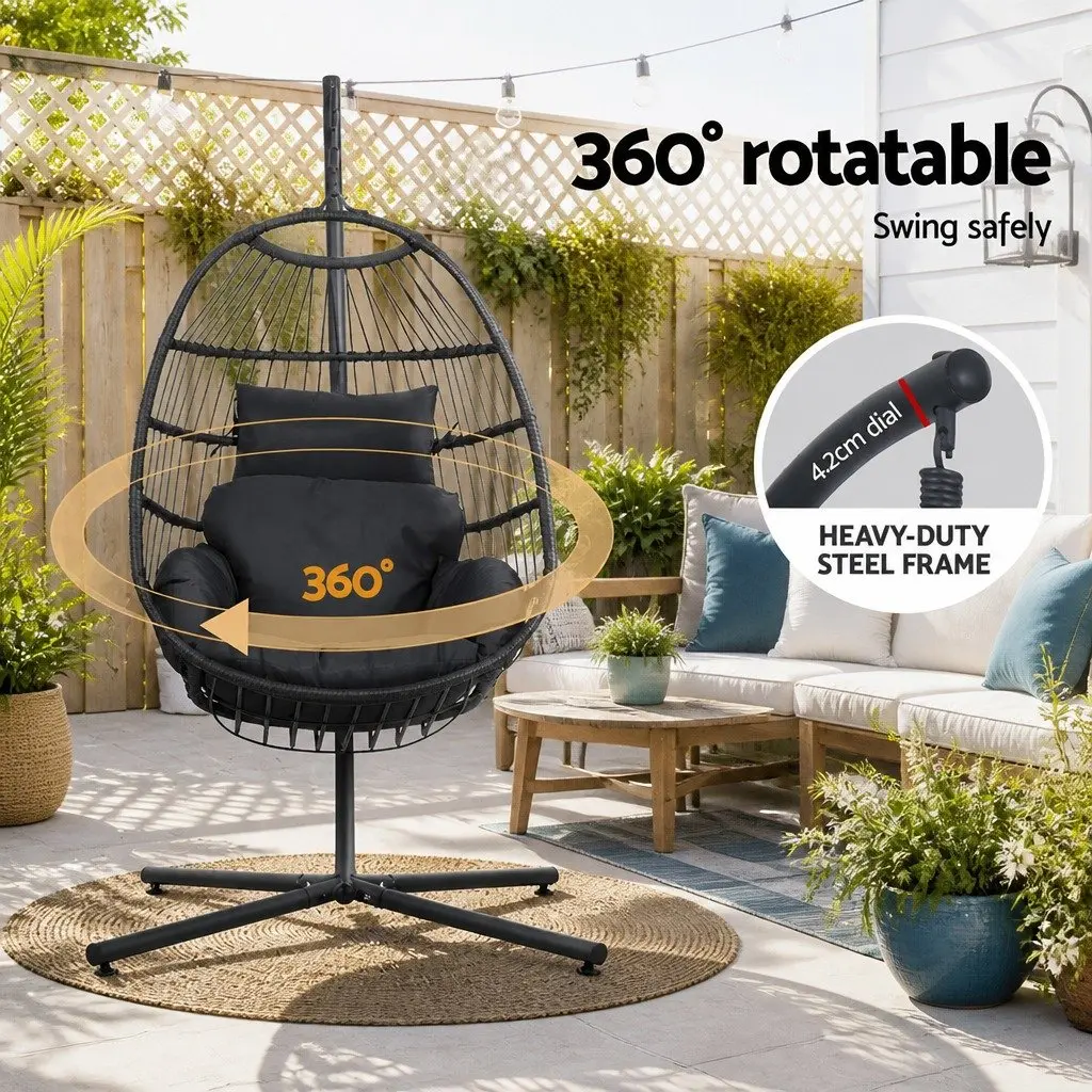 Hanging Egg Chair Outdoor Pod Swing Wicker Rope Stand Foldable Grey Patio Lounge