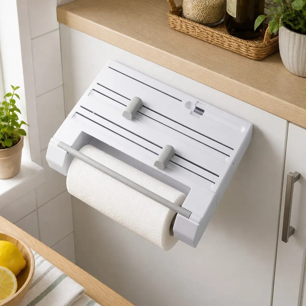 Wall Mounted Kitchen Rack Paper Towel Holder Foil Plastic Wrap Dispenser White 37.8cm x 31cm x 6.5cm