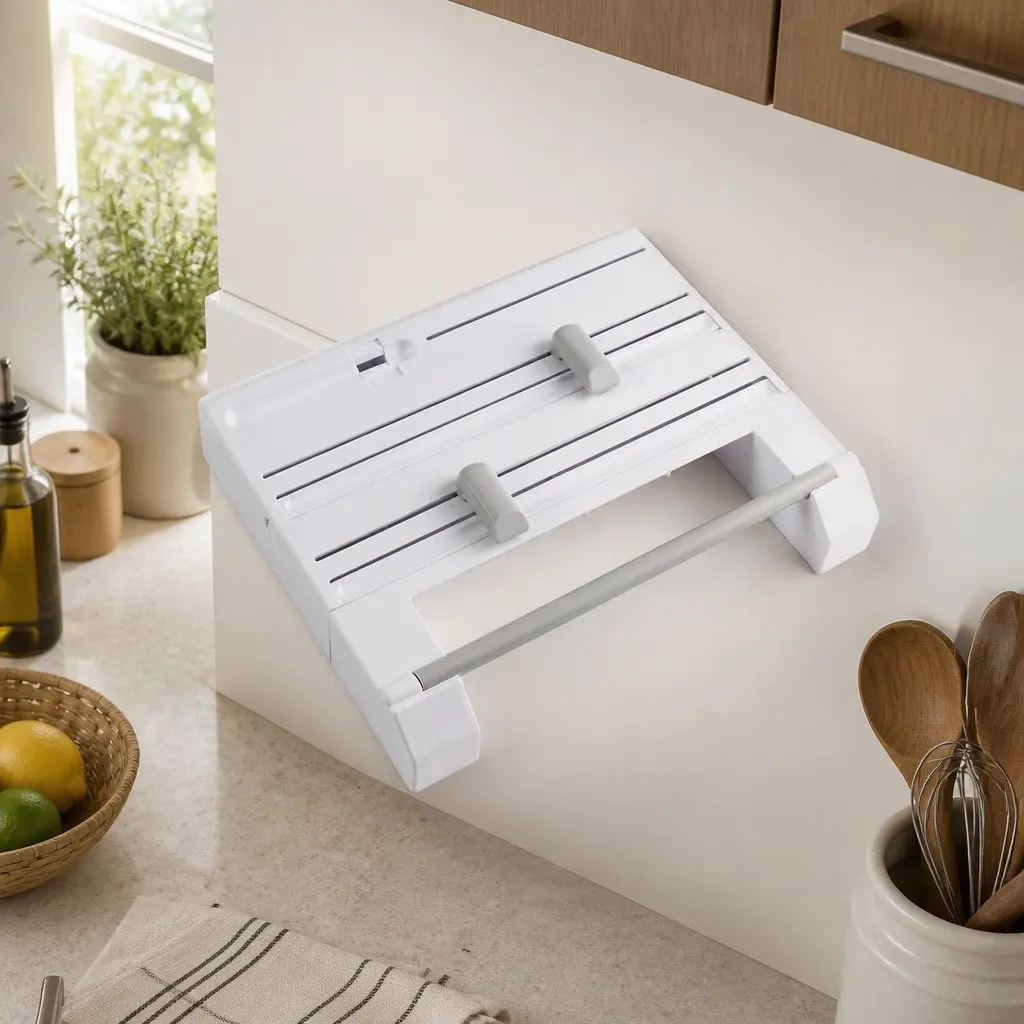 Wall Mounted Kitchen Rack Paper Towel Holder Foil Plastic Wrap Dispenser White 37.8cm x 31cm x 6.5cm