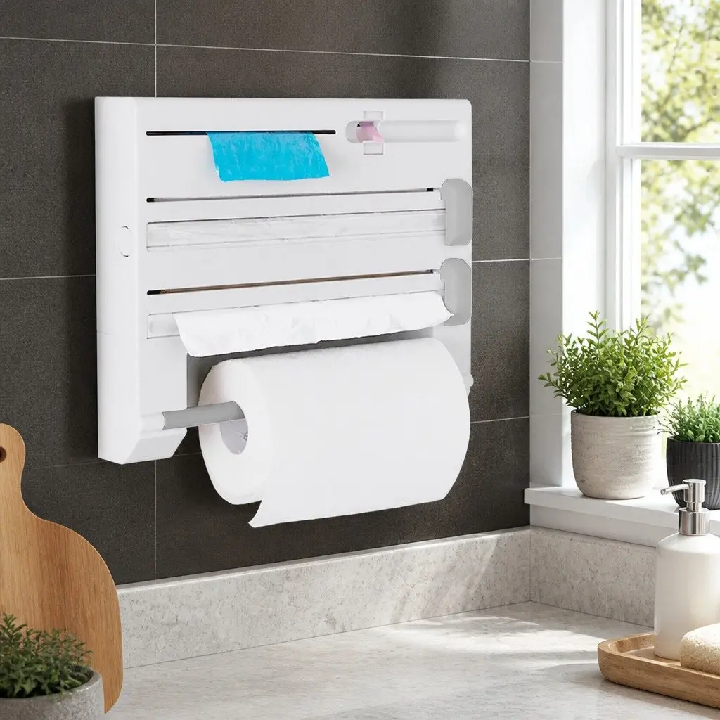Wall Mounted Kitchen Rack Paper Towel Holder Foil Plastic Wrap Dispenser White 37.8cm x 31cm x 6.5cm