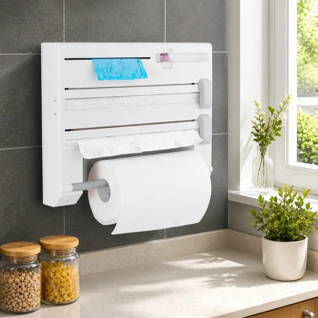 Wall Mounted Kitchen Rack Paper Towel Holder Foil Plastic Wrap Dispenser White 37.8cm x 31cm x 6.5cm