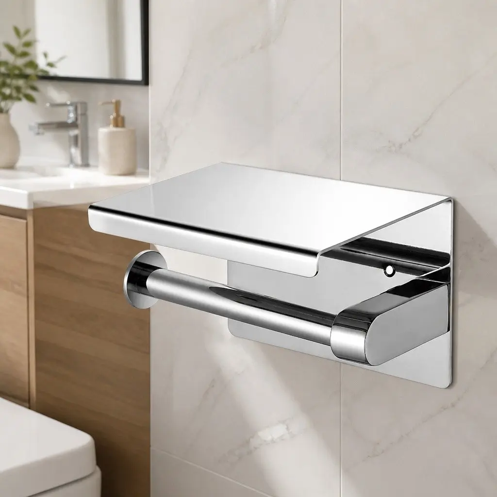 Toilet Paper Holder Wall Mount Bathroom Storage Silver 14cm L x 10cm W x 10cm H