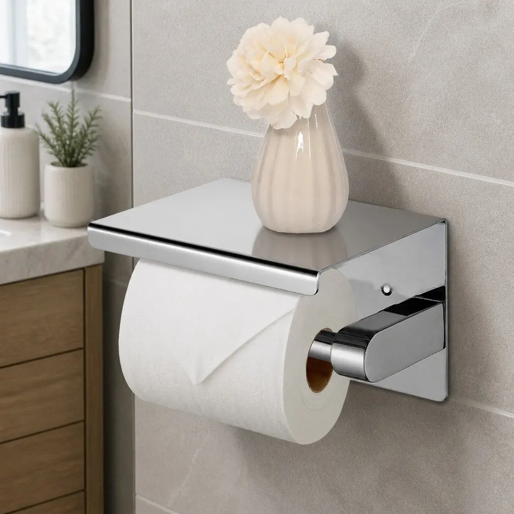 Toilet Paper Holder Wall Mount Bathroom Storage Silver 14cm L x 10cm W x 10cm H