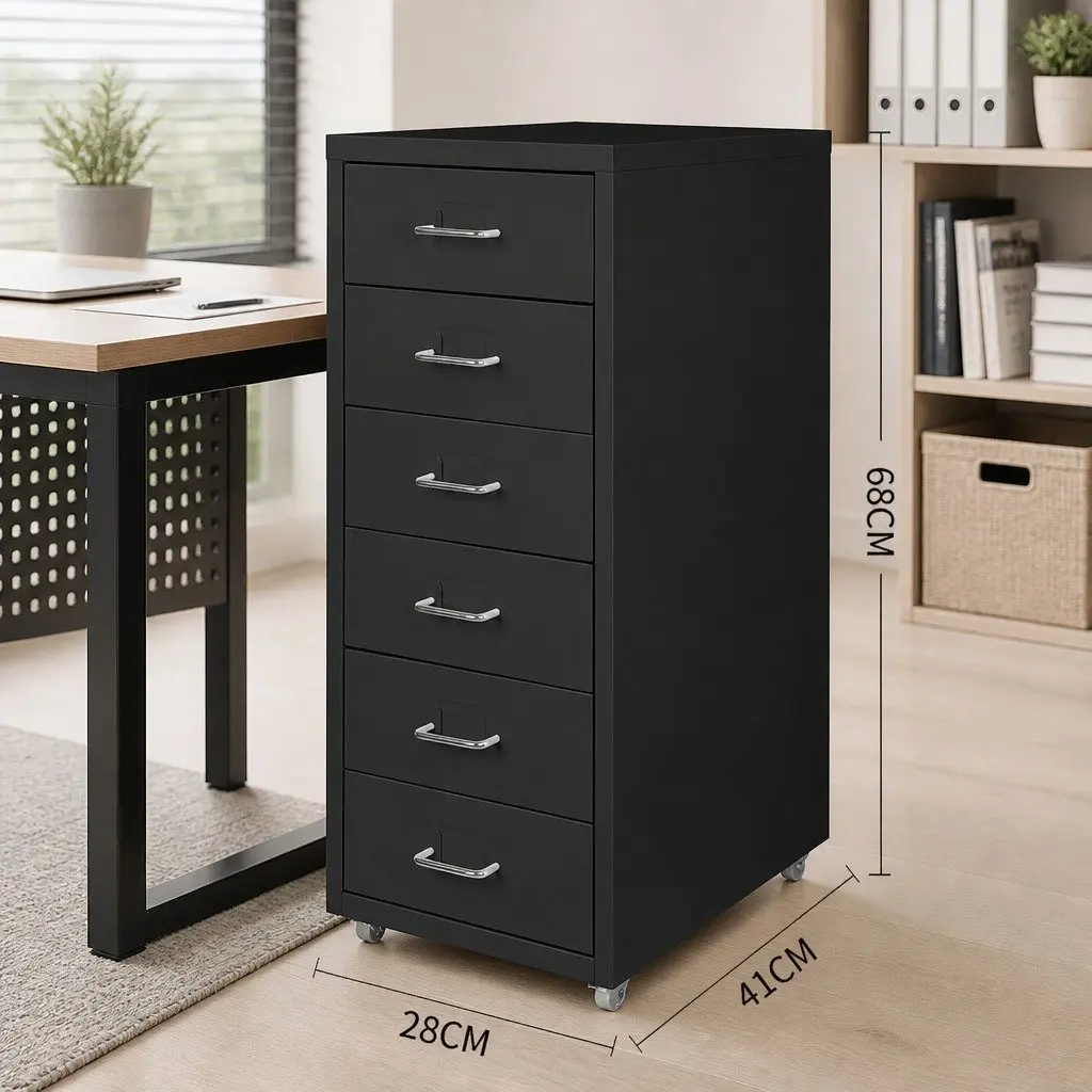 6 Drawer Filing Cabinet Office Storage Organizer Steel Black 41cm W x 28cm D x 68cm H