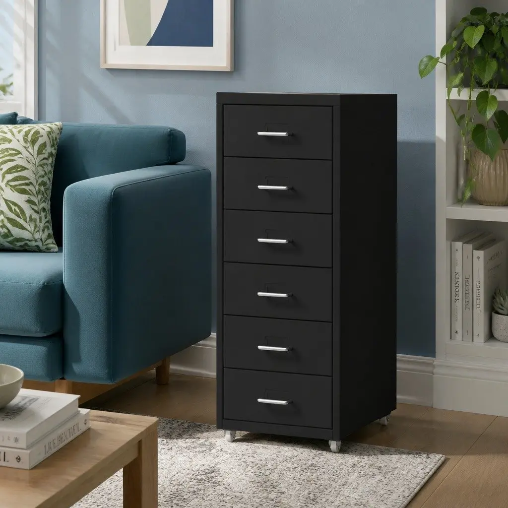 6 Drawer Filing Cabinet Office Storage Organizer Steel Black 41cm W x 28cm D x 68cm H