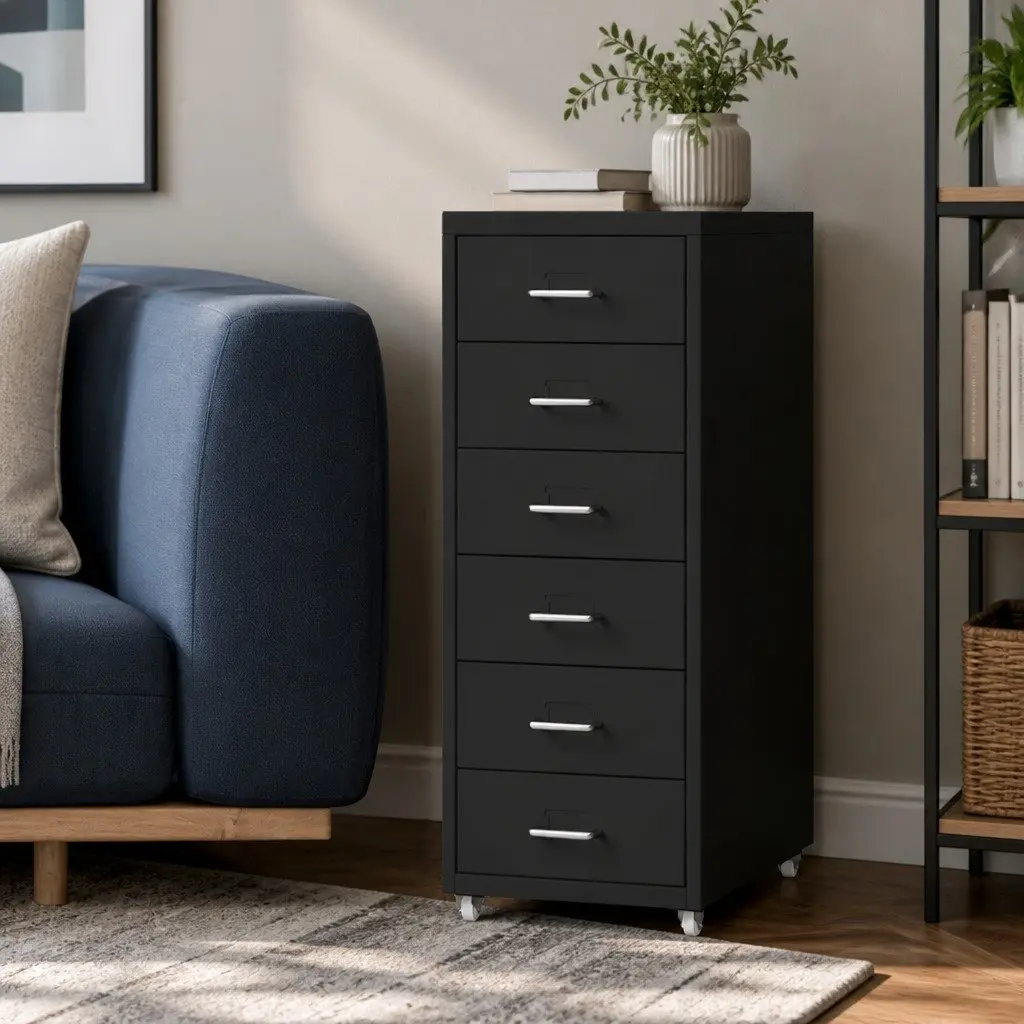 6 Drawer Filing Cabinet Office Storage Organizer Steel Black 41cm W x 28cm D x 68cm H