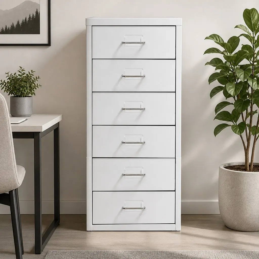 6 Drawer Filing Cabinet Office Storage Organizer Steel Frame White Desktop