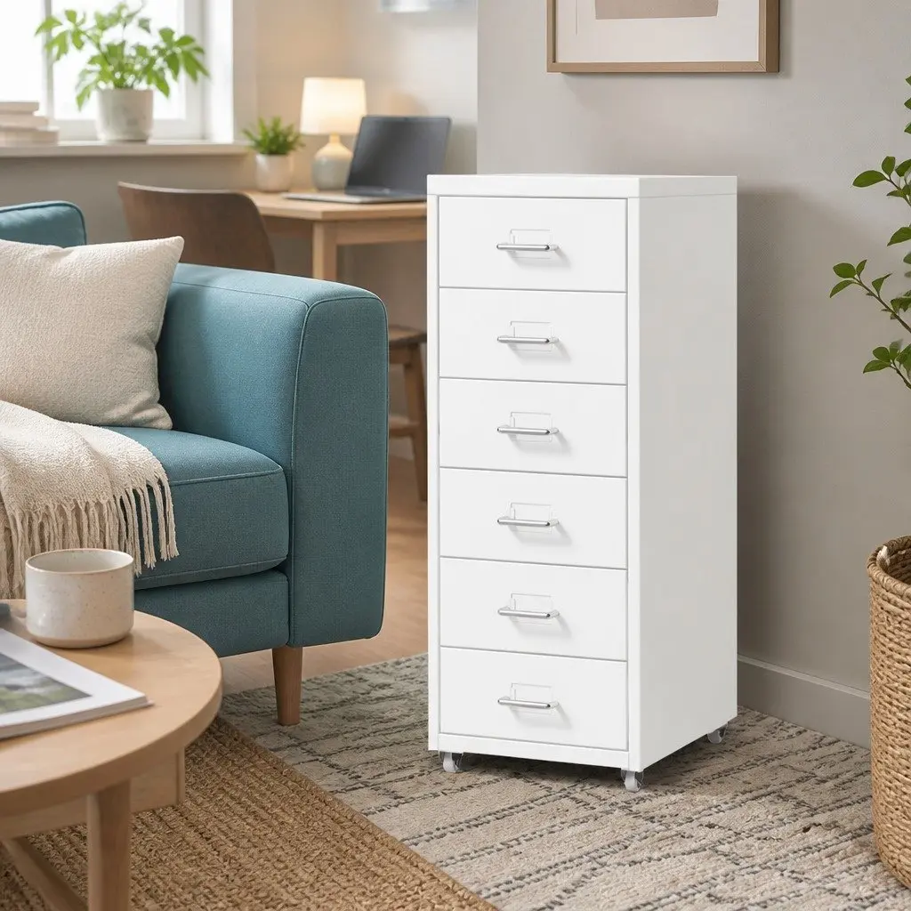 6 Drawer Filing Cabinet Office Storage Organizer Steel Frame White Desktop