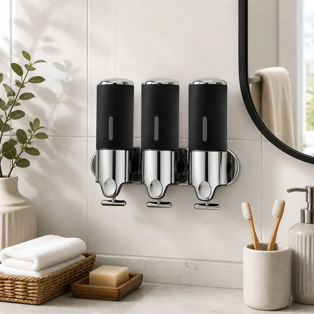 Black Wall Mounted Soap Dispenser for Bathroom Kitchen Shower 3 Bottles